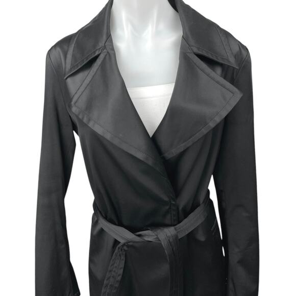 Zara Women's Black Faux Vegan Leather Belted Collar Trench Coat Rain Jacket Sz M - Picture 3 of 5